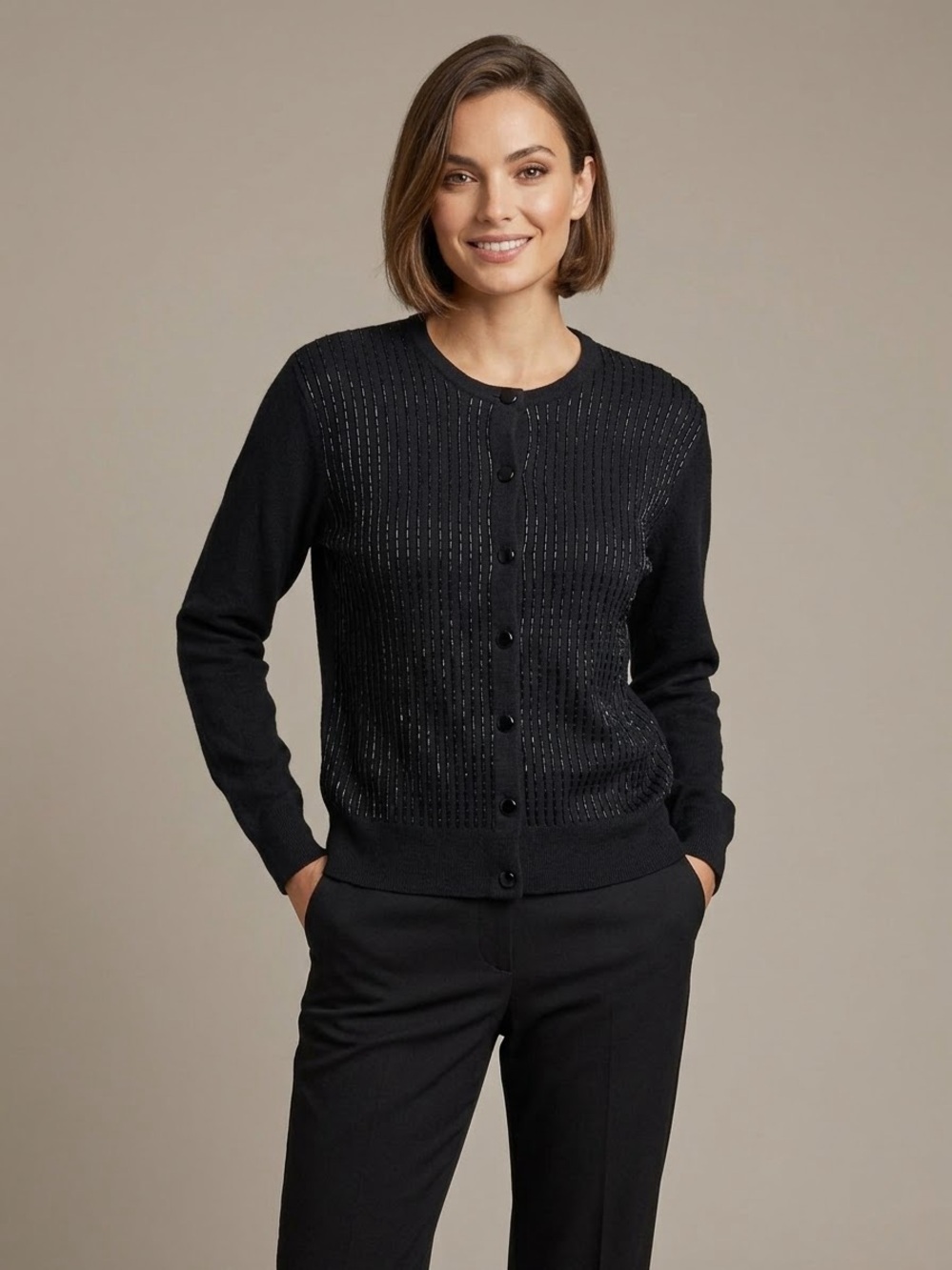 Jones New York Beaded Lambswool Cardigan Black M